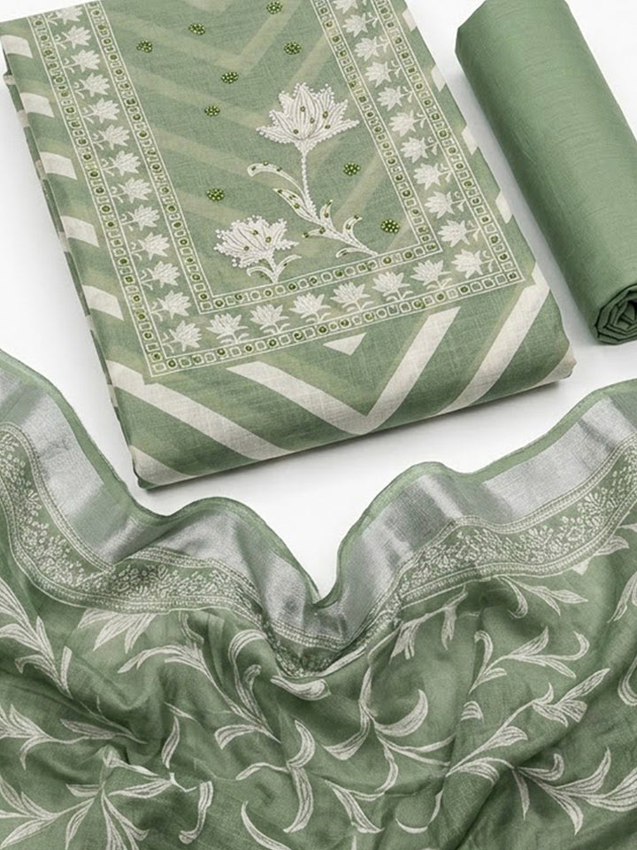 Pista Green Cotton Blend Printed Unstitched Dress Material