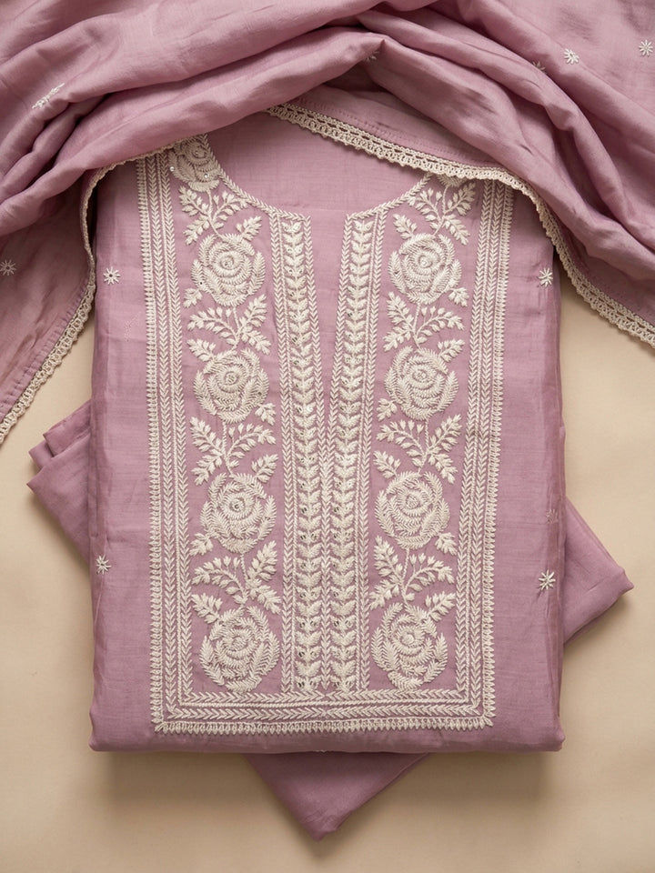 Onion Pink Embroidery Chanderi Unstitched Dress Material