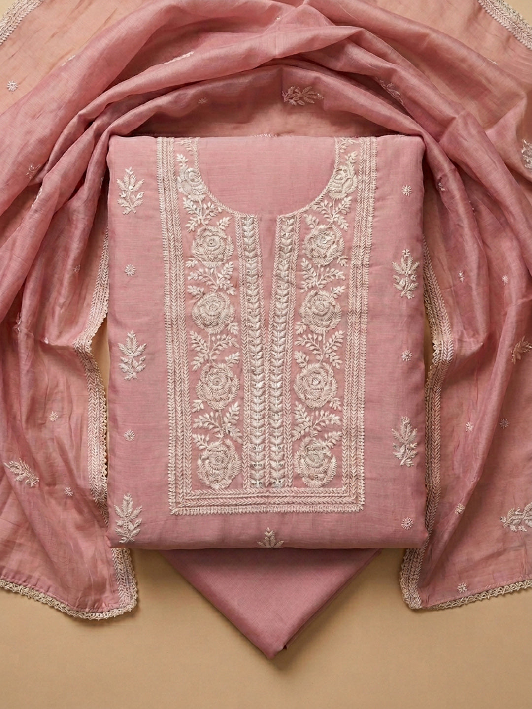 Peach Embroidery Chanderi Unstitched Dress Material
