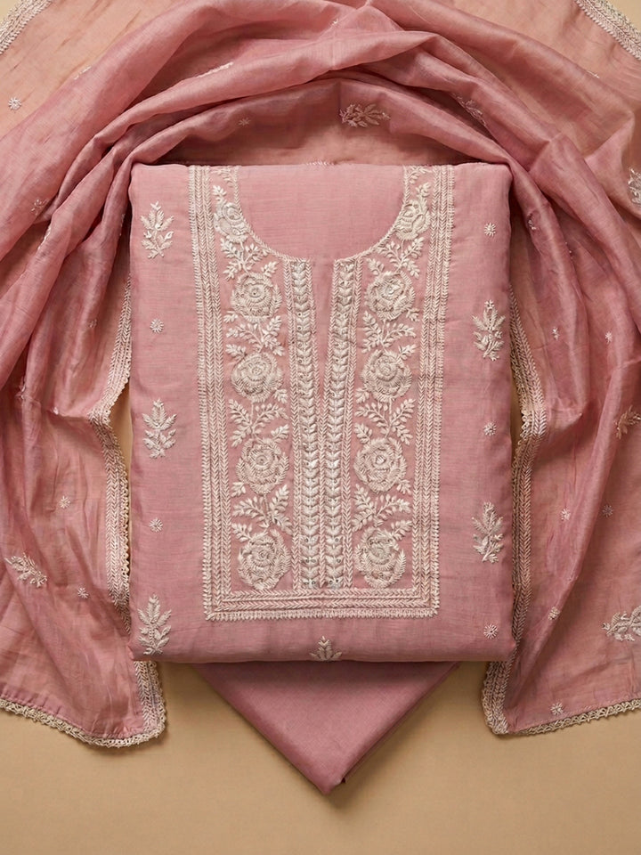Peach Embroidery Chanderi Unstitched Dress Material