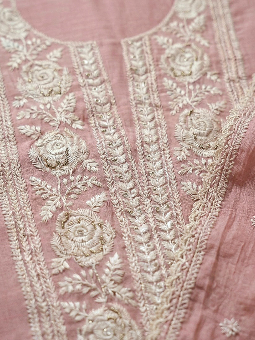 Peach Embroidery Chanderi Unstitched Dress Material