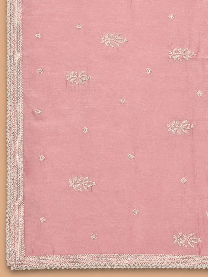 Peach Embroidery Chanderi Unstitched Dress Material