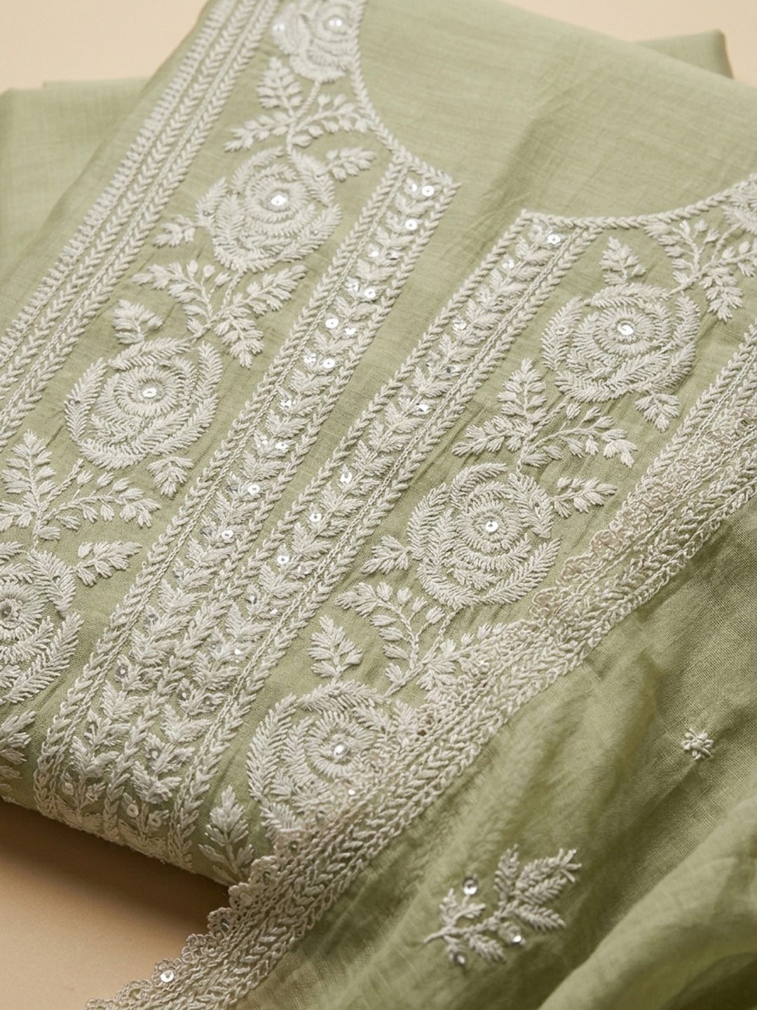 Pista Green Embroidery Chanderi Unstitched Dress Material