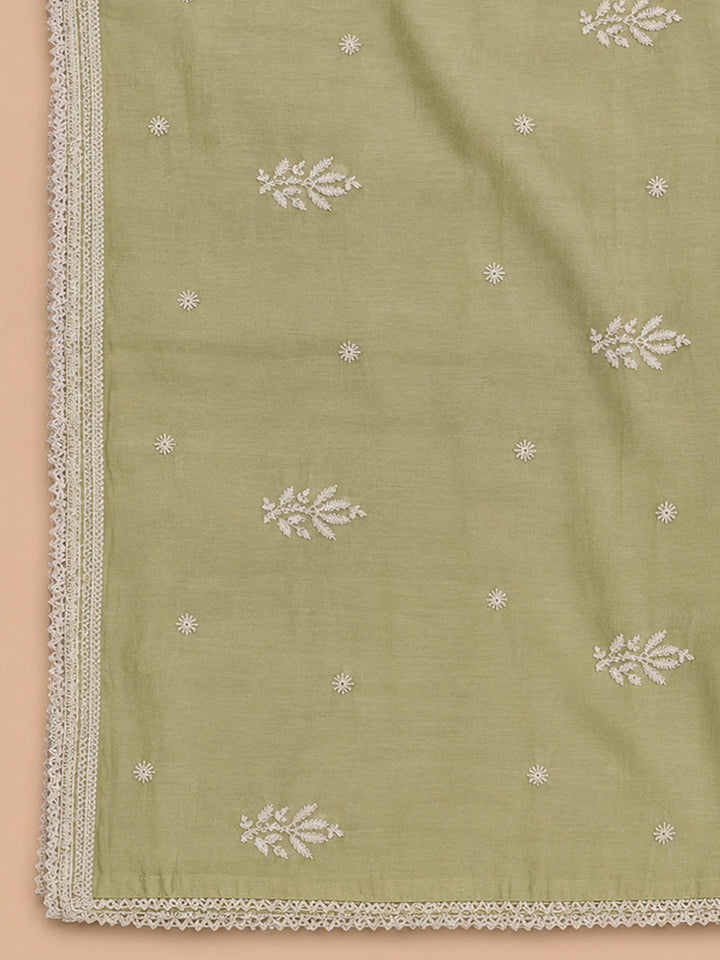Pista Green Embroidery Chanderi Unstitched Dress Material