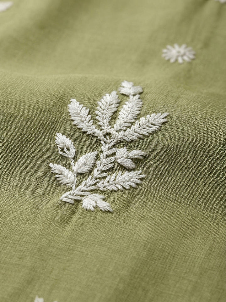 Pista Green Embroidery Chanderi Unstitched Dress Material