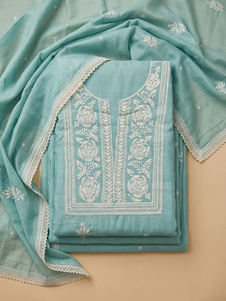 Sky Blue Embroidery Chanderi Unstitched Dress Material