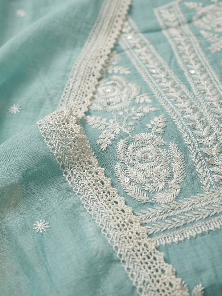 Sky Blue Embroidery Chanderi Unstitched Dress Material