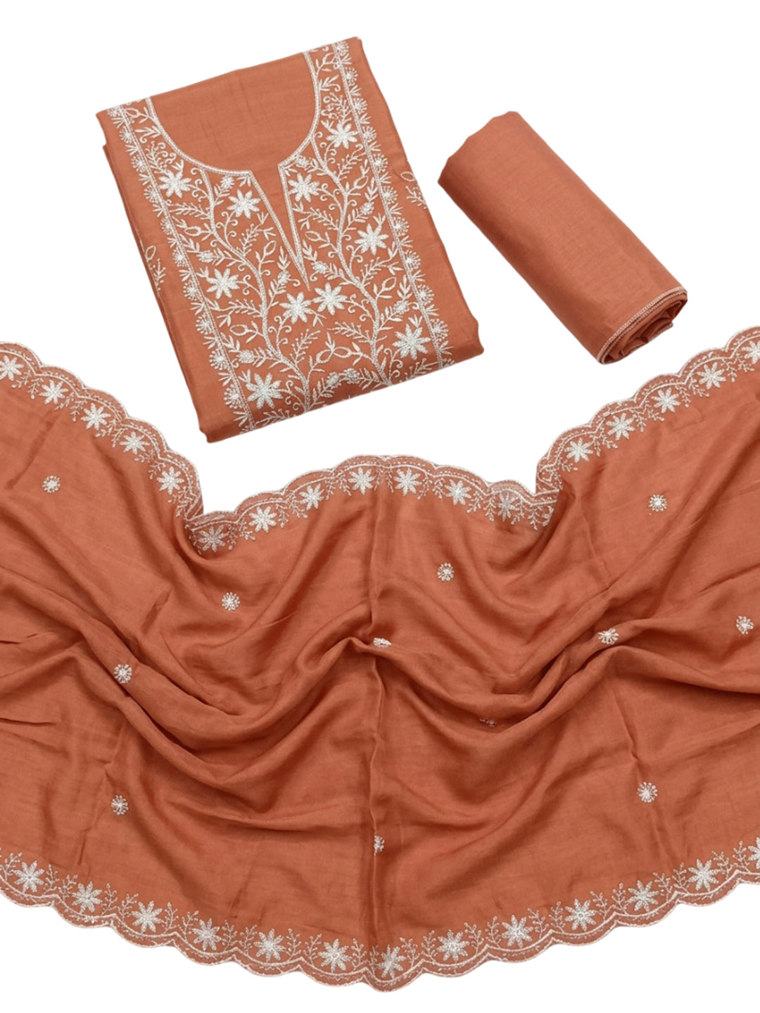 Rust Embroidery Chanderi Unstitched Dress Material