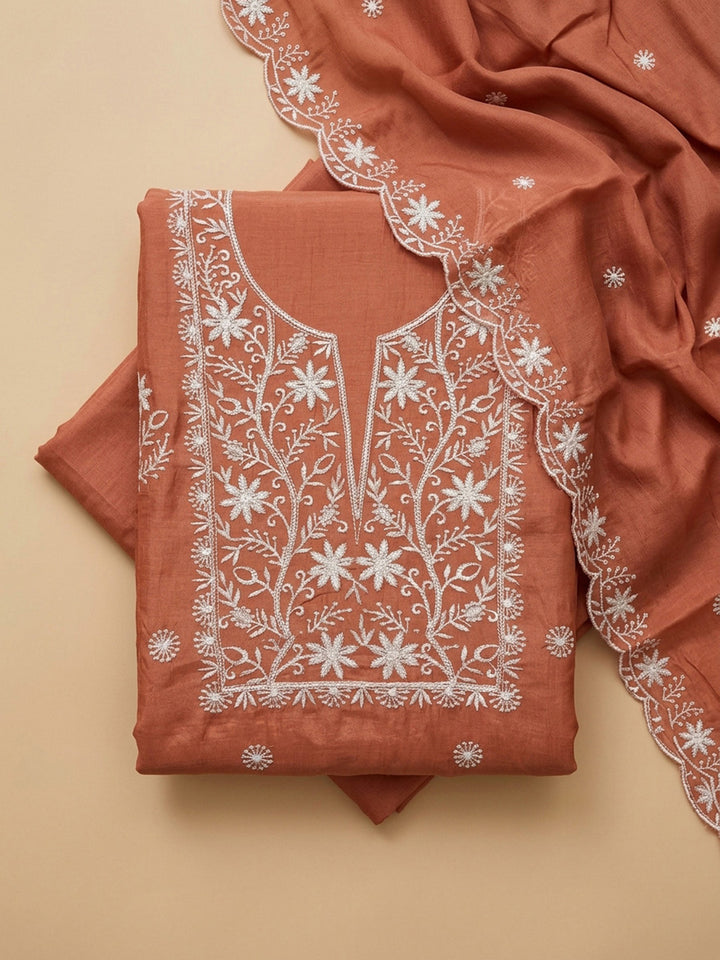 Rust Embroidery Chanderi Unstitched Dress Material