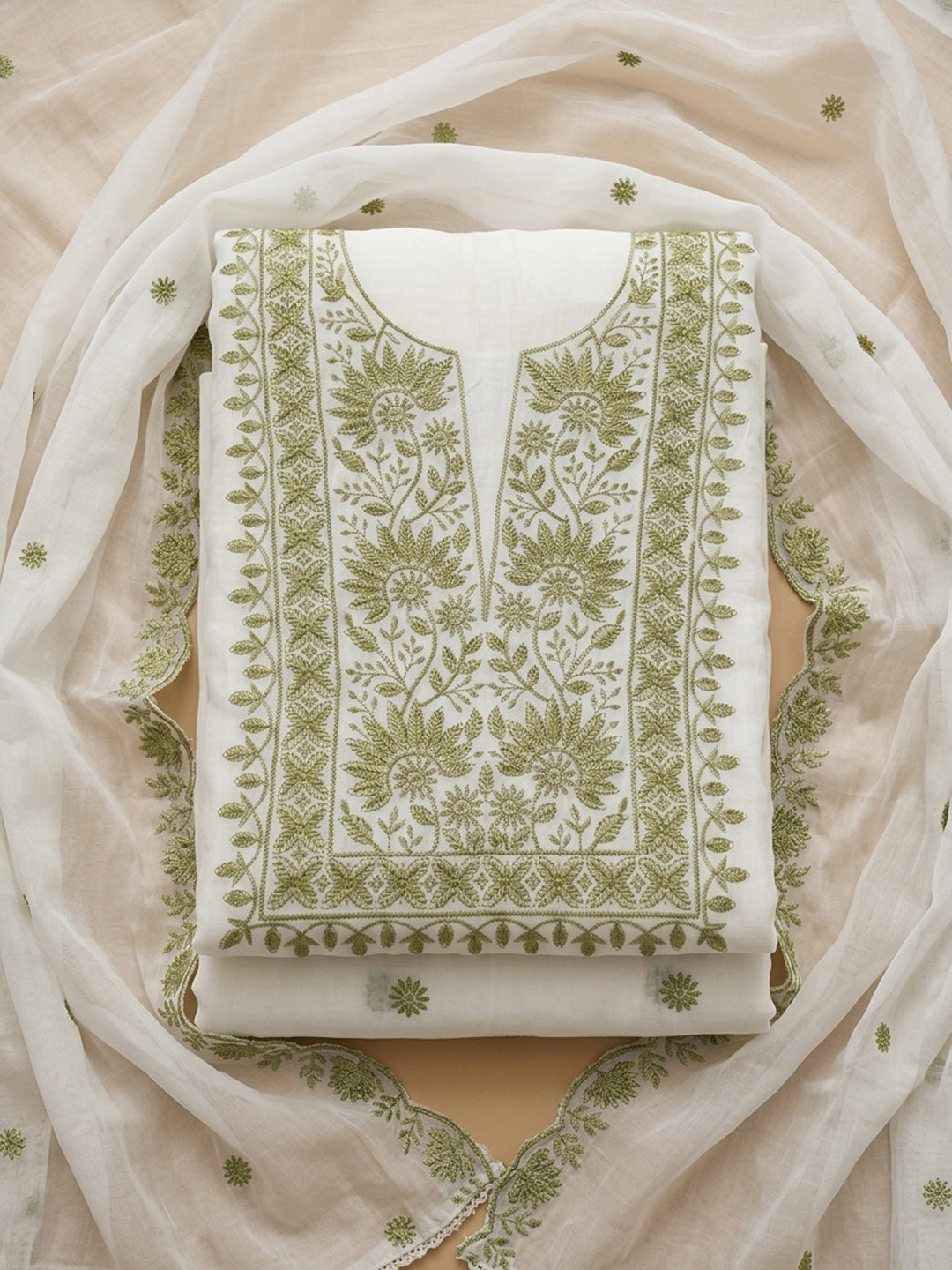 Off White Embroidery Chanderi Unstitched Dress Material