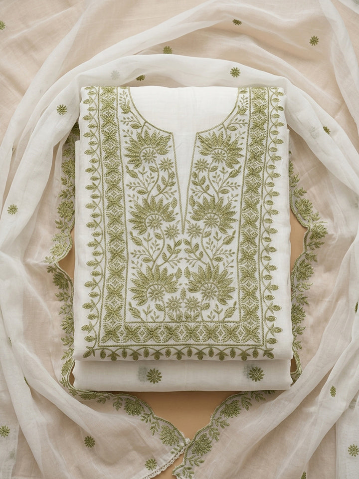 Off White Embroidery Chanderi Unstitched Dress Material