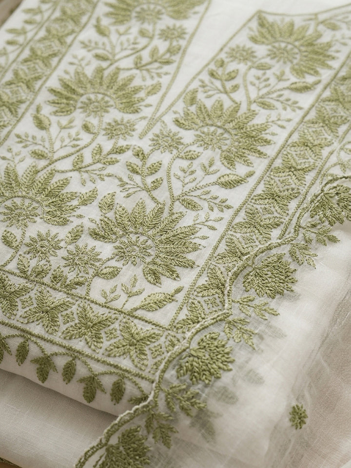 Off White Embroidery Chanderi Unstitched Dress Material