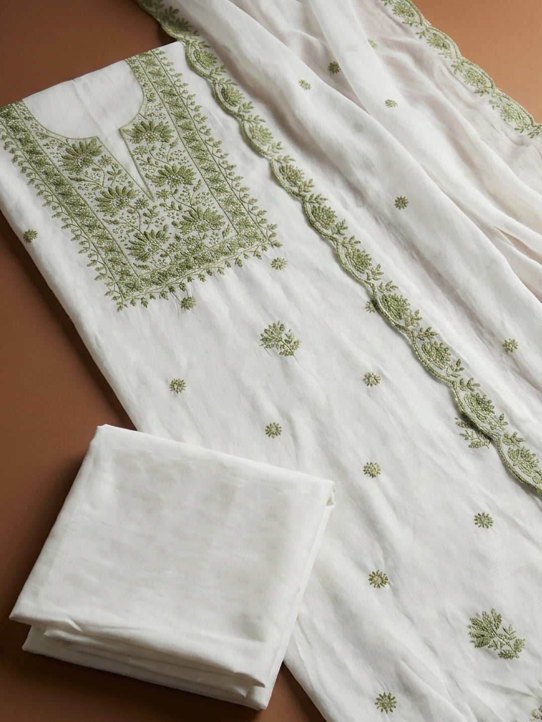 Off White Embroidery Chanderi Unstitched Dress Material