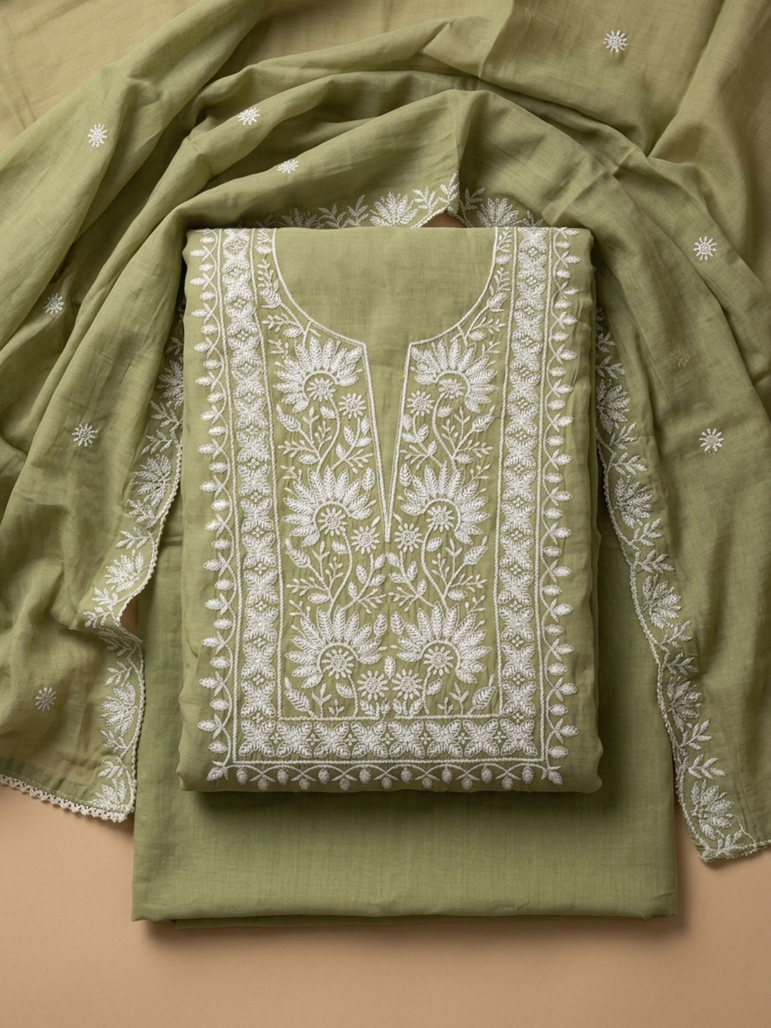 Pista Green Embroidery Chanderi Unstitched Dress Material