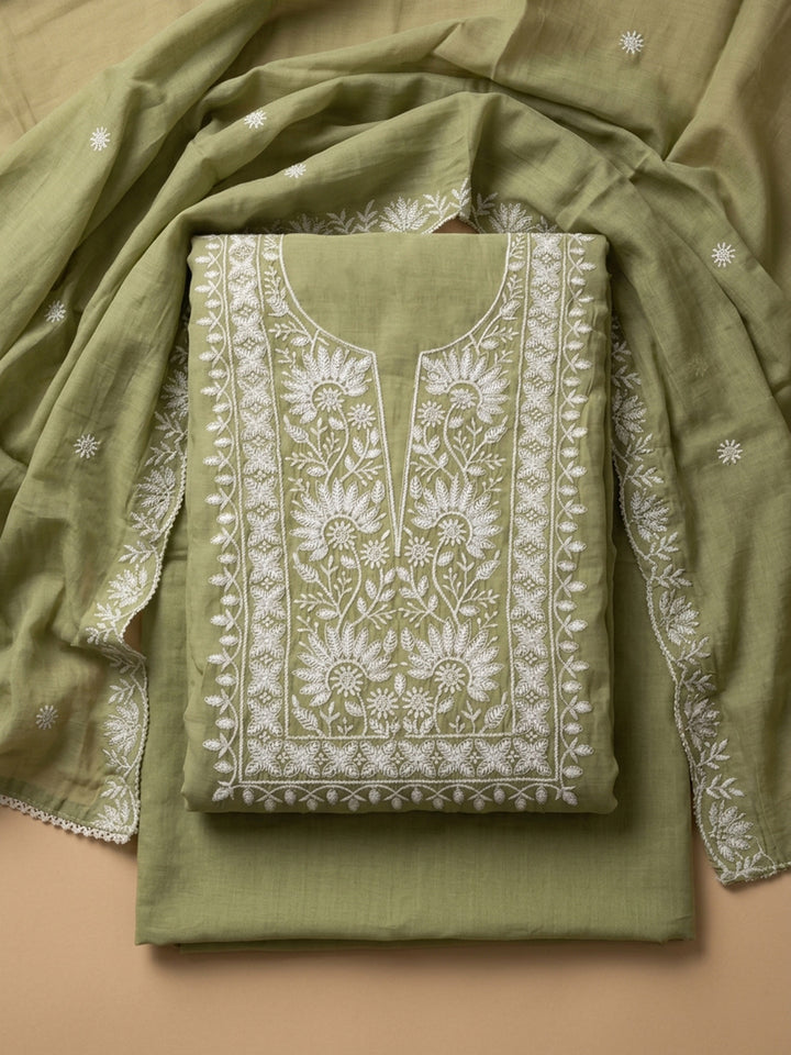 Pista Green Embroidery Chanderi Unstitched Dress Material
