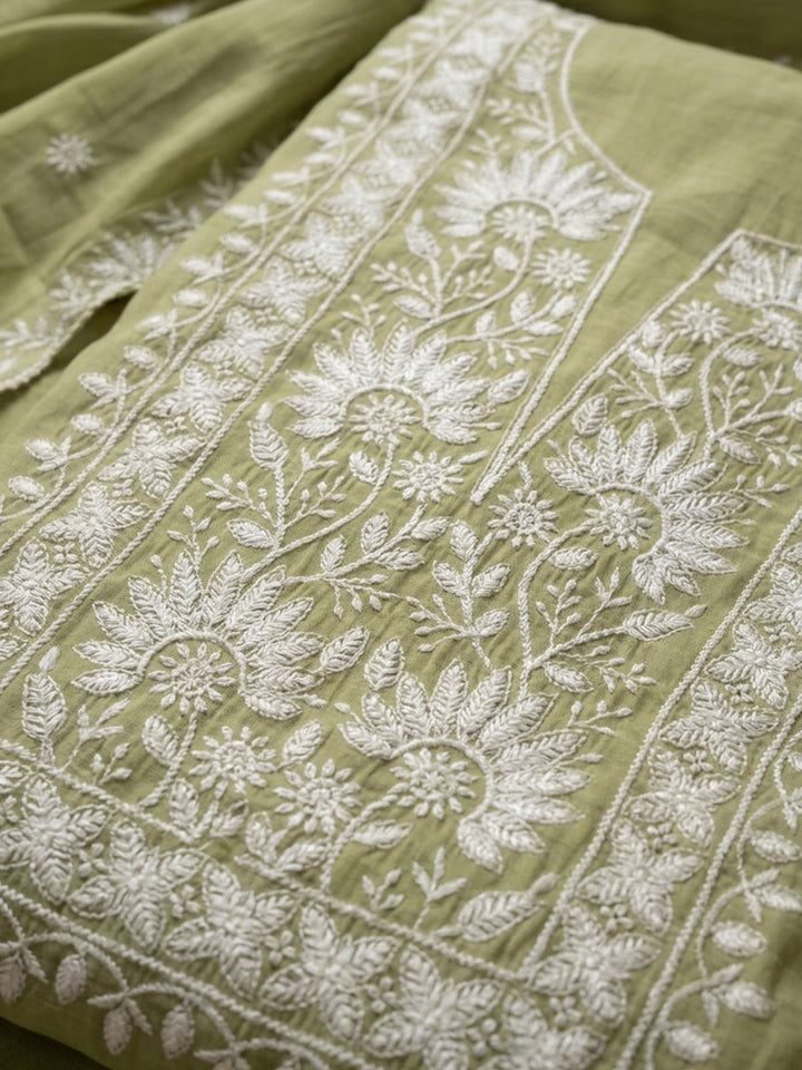 Pista Green Embroidery Chanderi Unstitched Dress Material