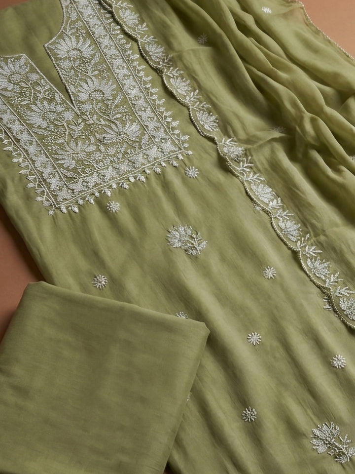 Pista Green Embroidery Chanderi Unstitched Dress Material