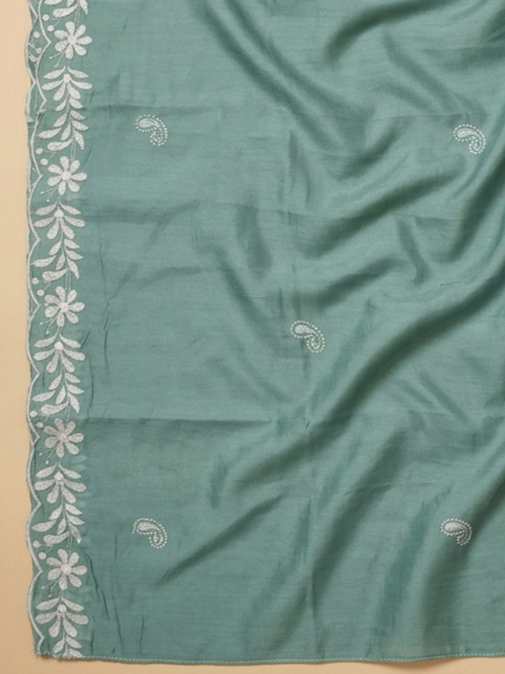 Aqua Blue Embroidery Chanderi Unstitched Dress Material