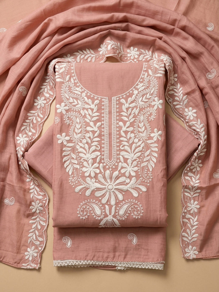 Peach Embroidery Chanderi Unstitched Dress Material