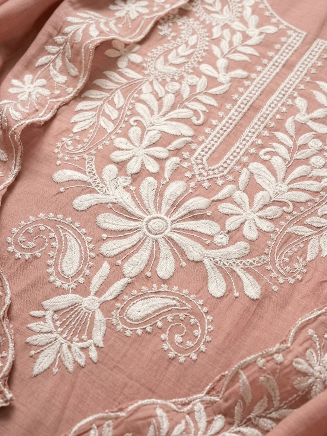 Peach Embroidery Chanderi Unstitched Dress Material