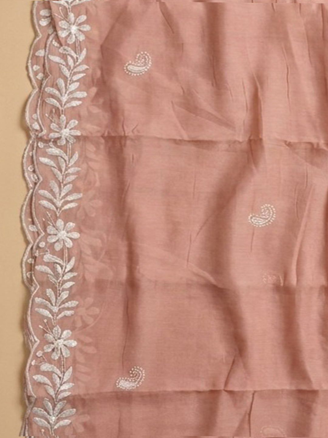 Peach Embroidery Chanderi Unstitched Dress Material