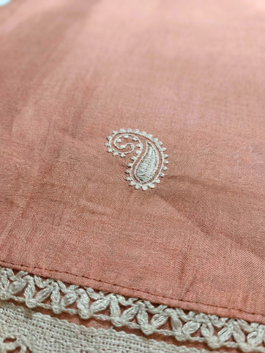 Peach Embroidery Chanderi Unstitched Dress Material