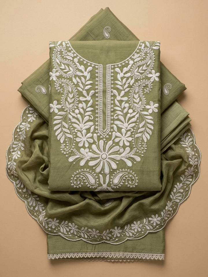 Pista Green Embroidery Chanderi Unstitched Dress Material