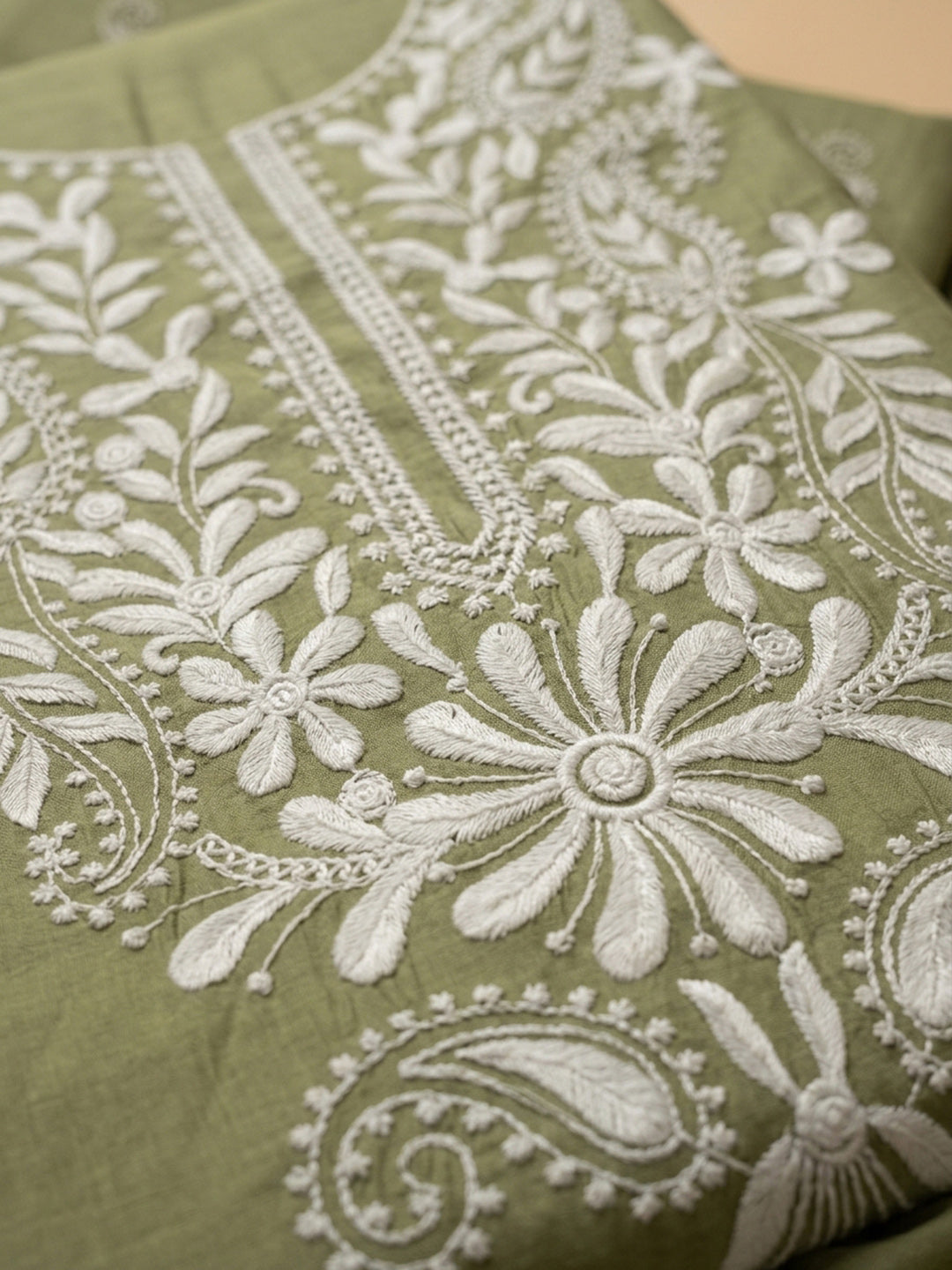 Pista Green Embroidery Chanderi Unstitched Dress Material