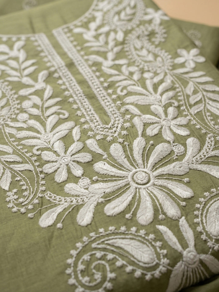 Pista Green Embroidery Chanderi Unstitched Dress Material