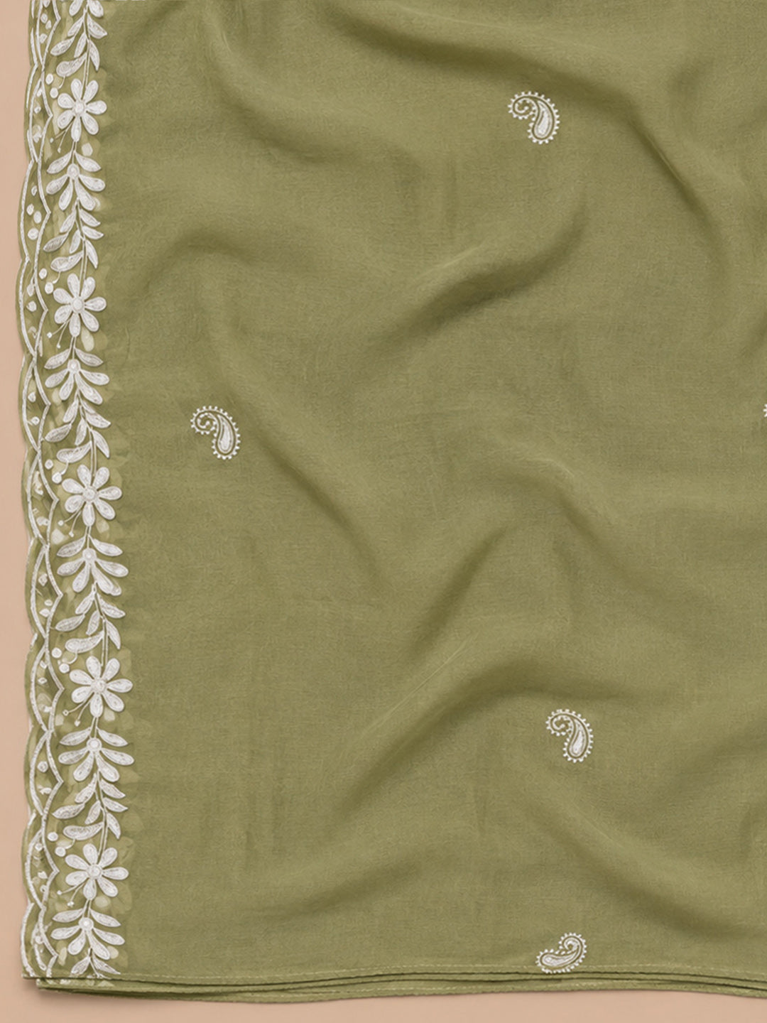 Pista Green Embroidery Chanderi Unstitched Dress Material
