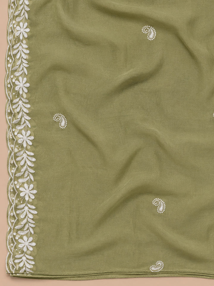 Pista Green Embroidery Chanderi Unstitched Dress Material