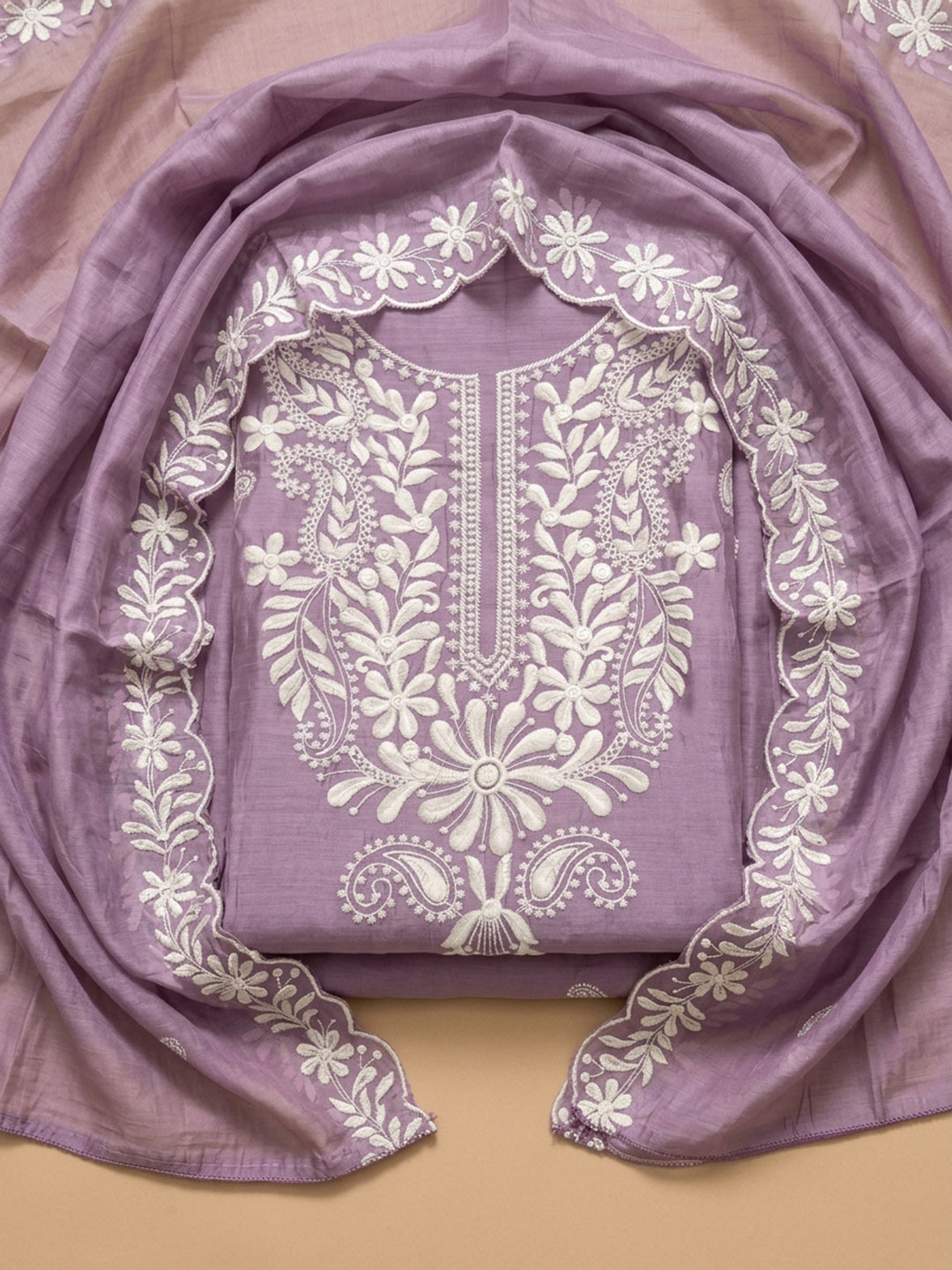 Purple Embroidery Chanderi Unstitched Dress Material
