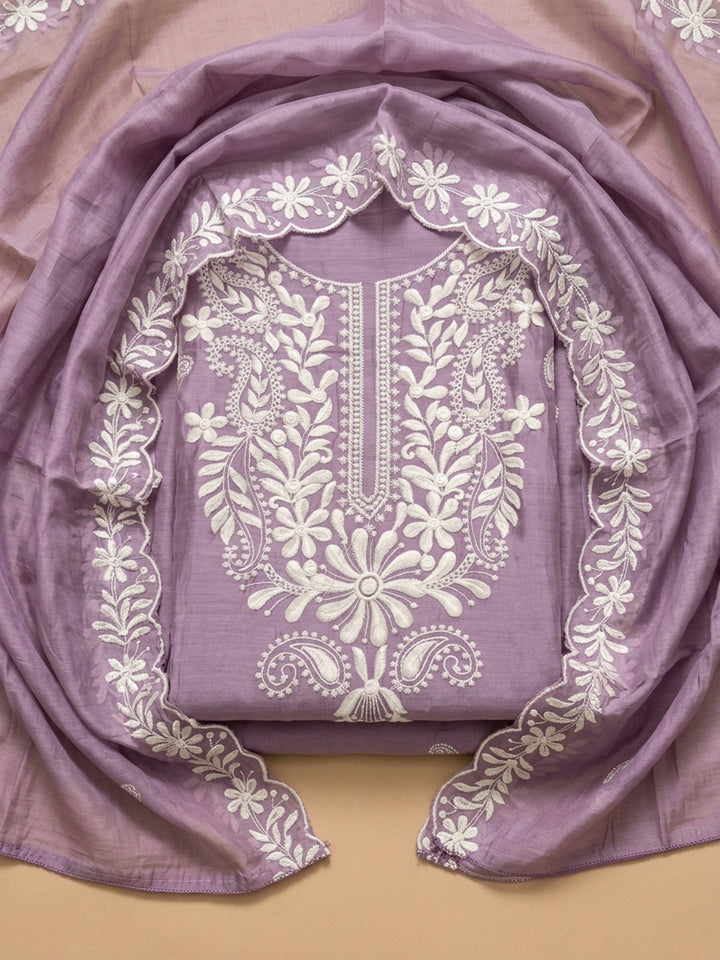 Purple Embroidery Chanderi Unstitched Dress Material