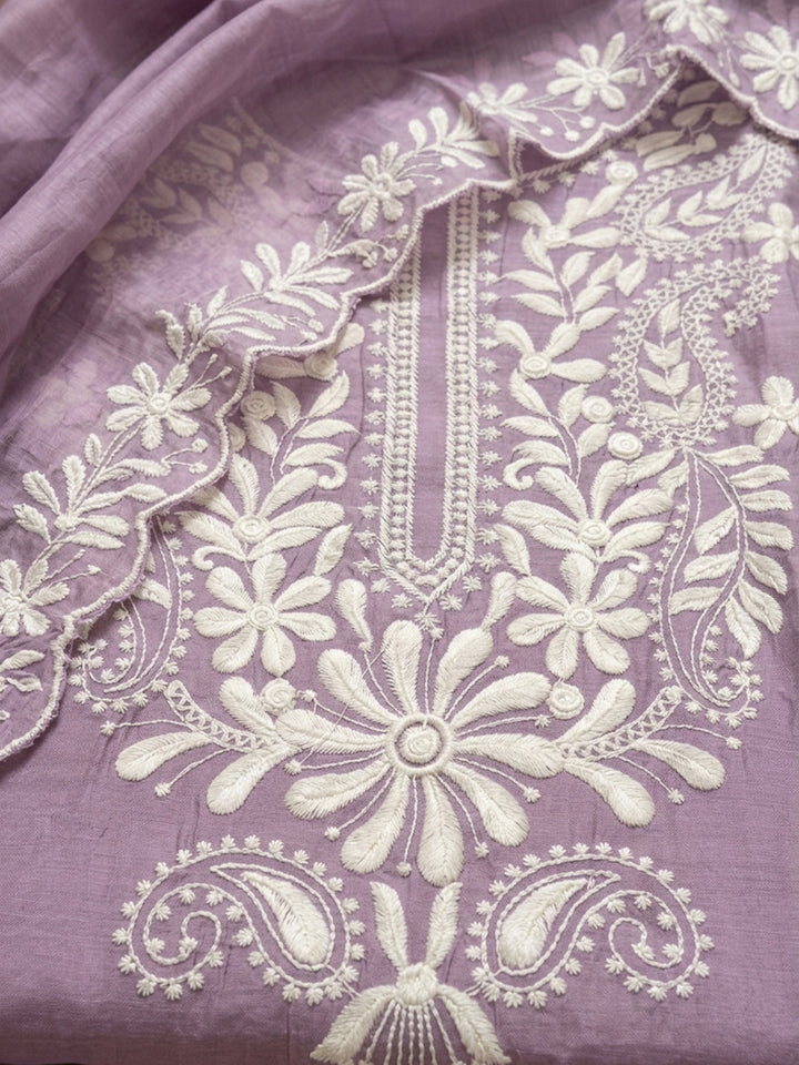 Purple Embroidery Chanderi Unstitched Dress Material