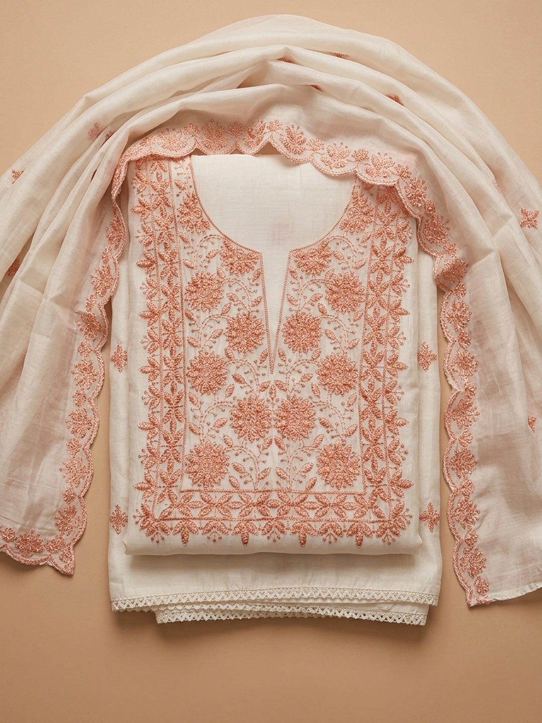 Off White Embroidery Chanderi Unstitched Dress Material