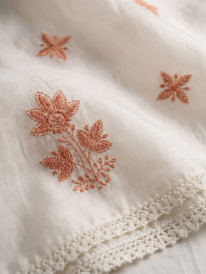 Off White Embroidery Chanderi Unstitched Dress Material