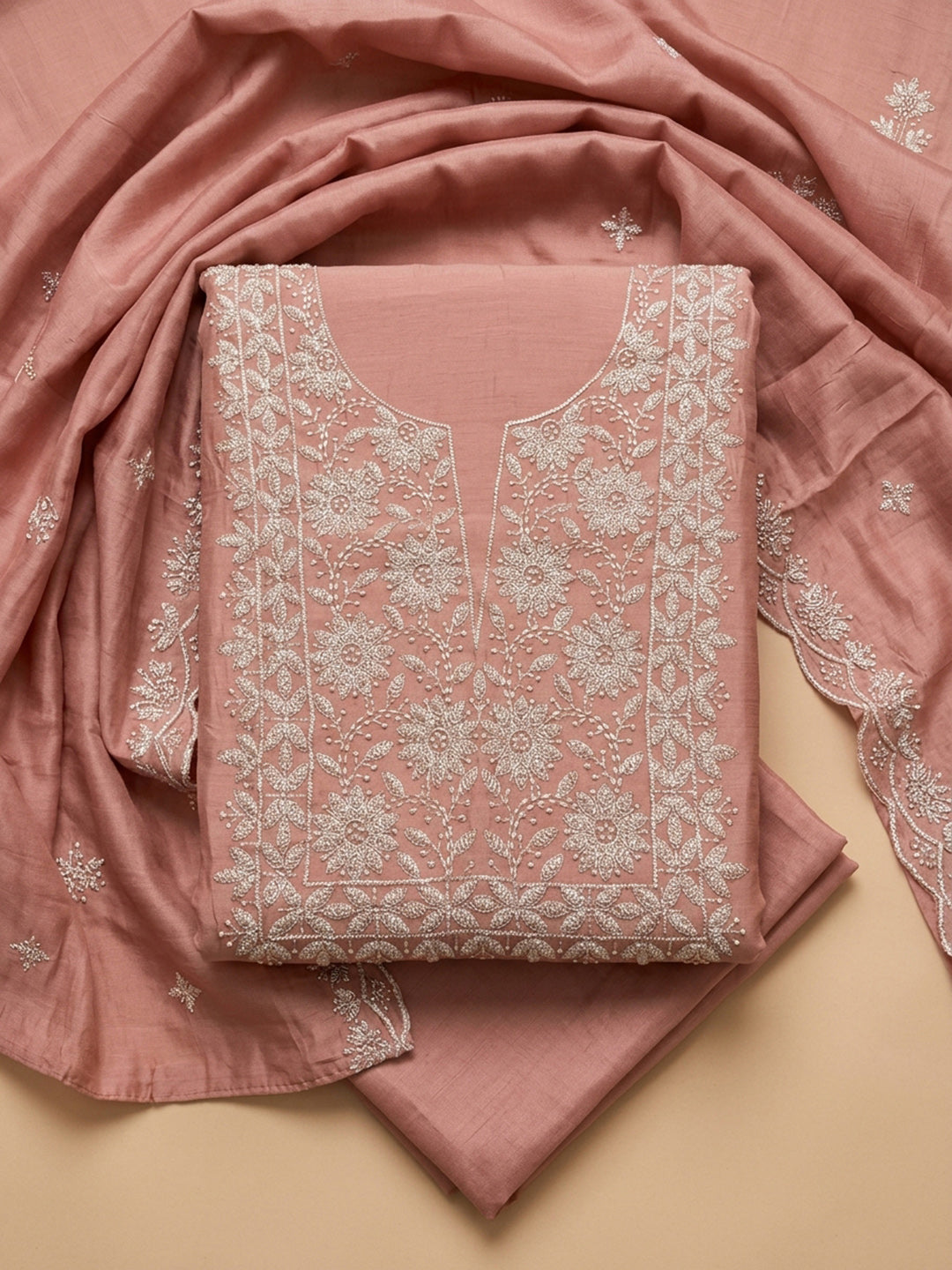 Peach Embroidery Chanderi Unstitched Dress Material