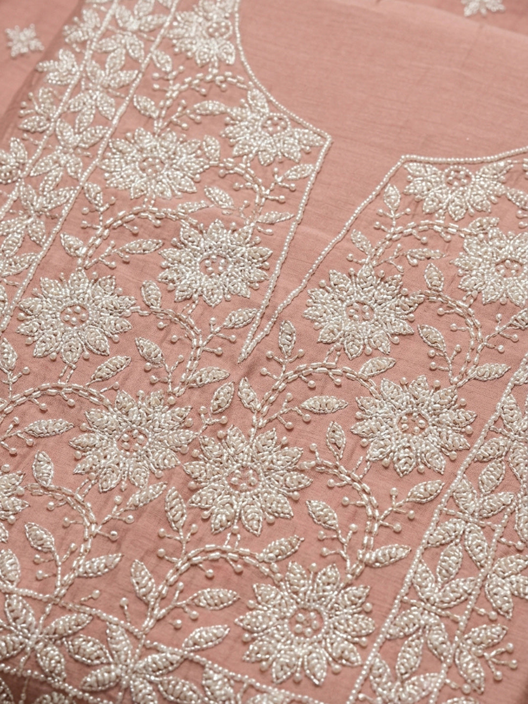 Peach Embroidery Chanderi Unstitched Dress Material