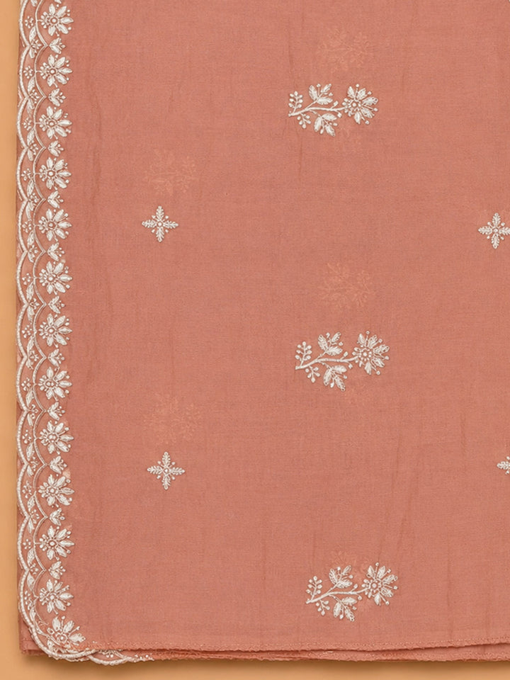 Peach Embroidery Chanderi Unstitched Dress Material