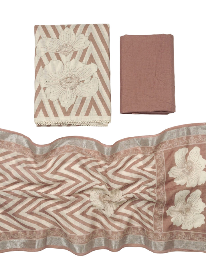 Brown Printed Linen Blend Unstitched Dress Material