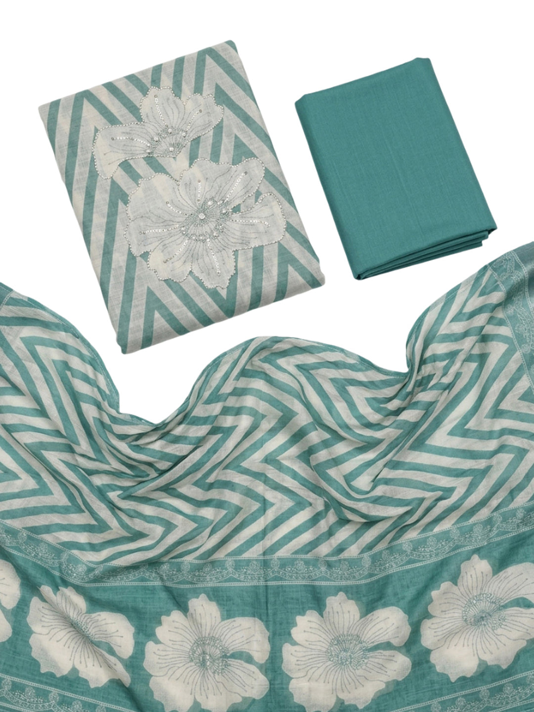 Sea Green Printed Linen Blend Unstitched Dress Material