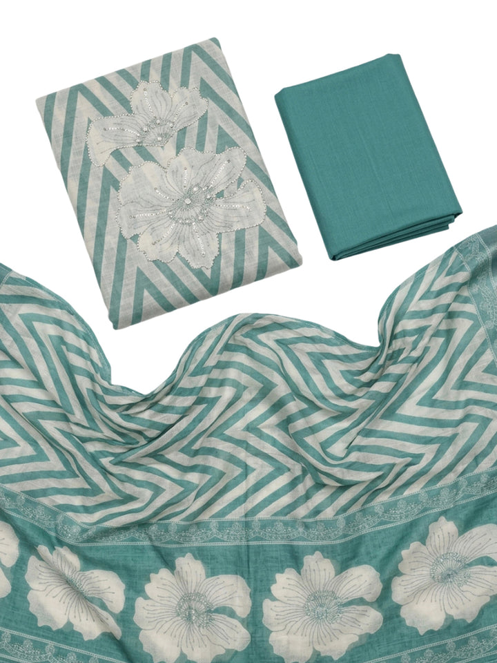 Sea Green Printed Linen Blend Unstitched Dress Material