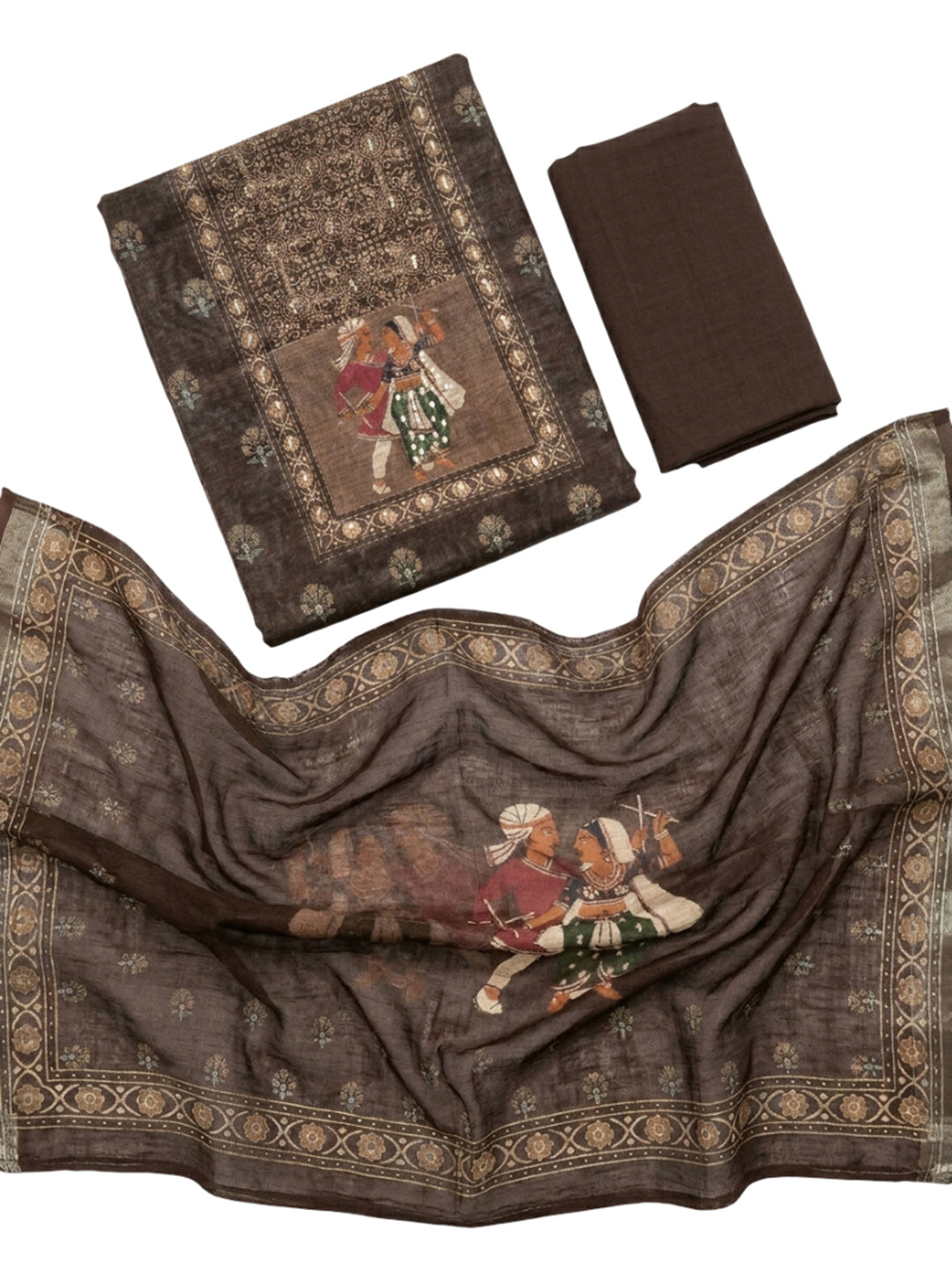 Brown Printed Chanderi Unstitched Dress Material