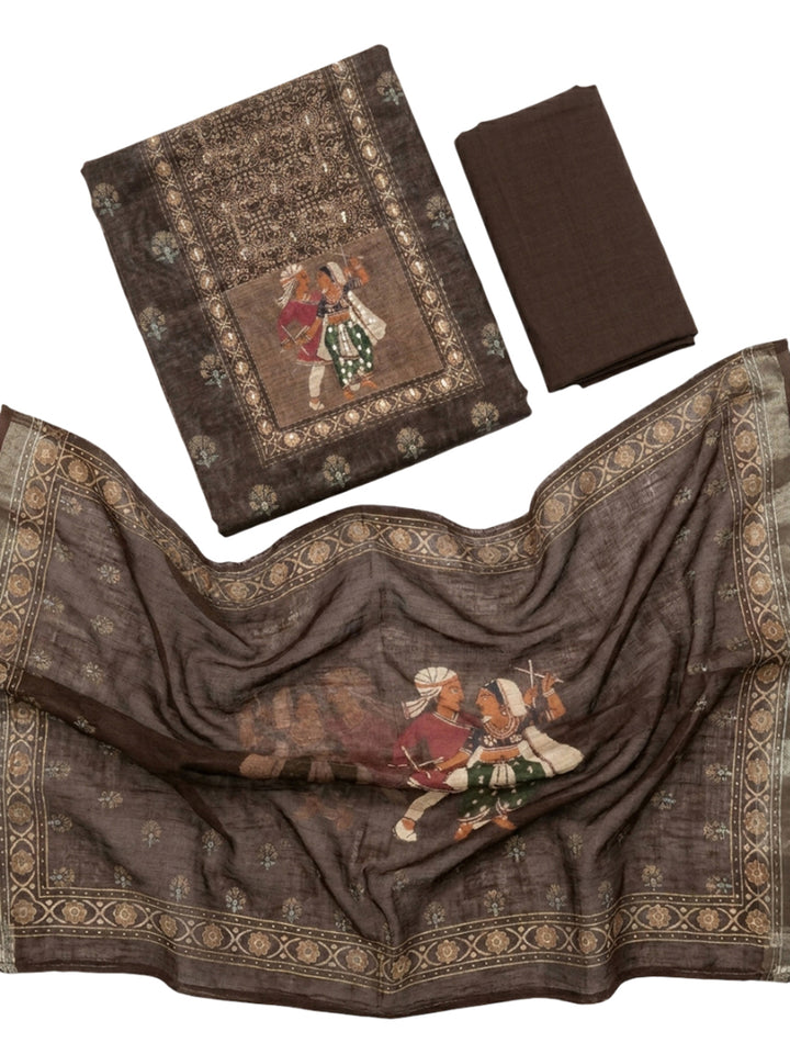 Brown Printed Chanderi Unstitched Dress Material