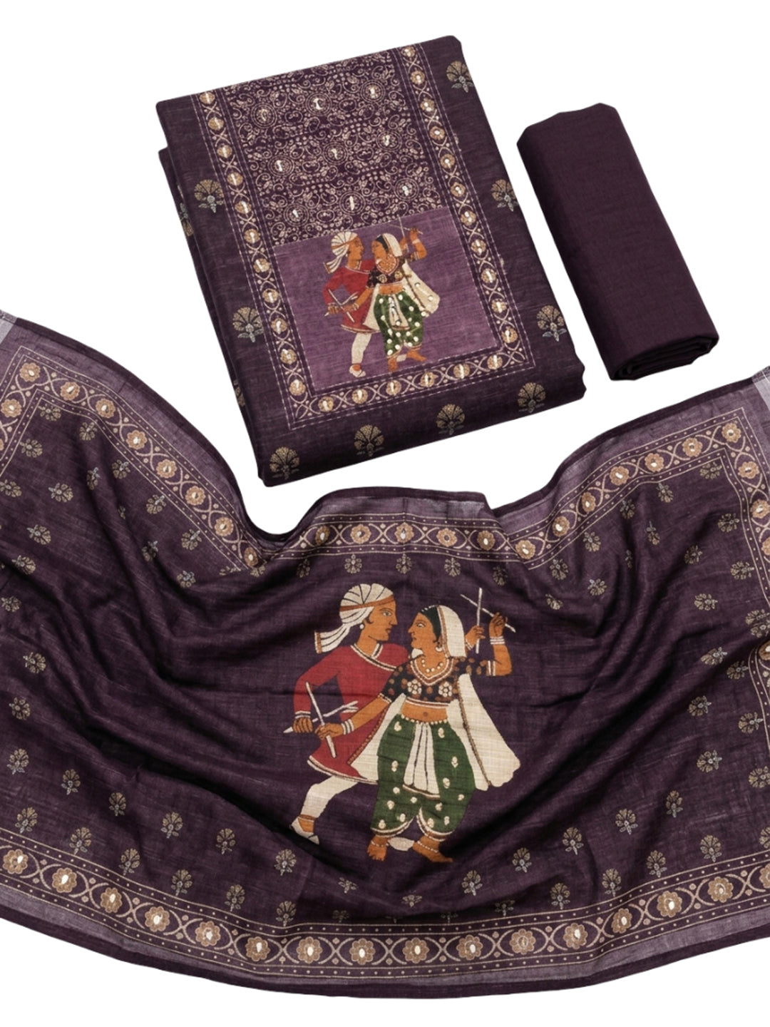 Purple Printed Chanderi Unstitched Dress Material