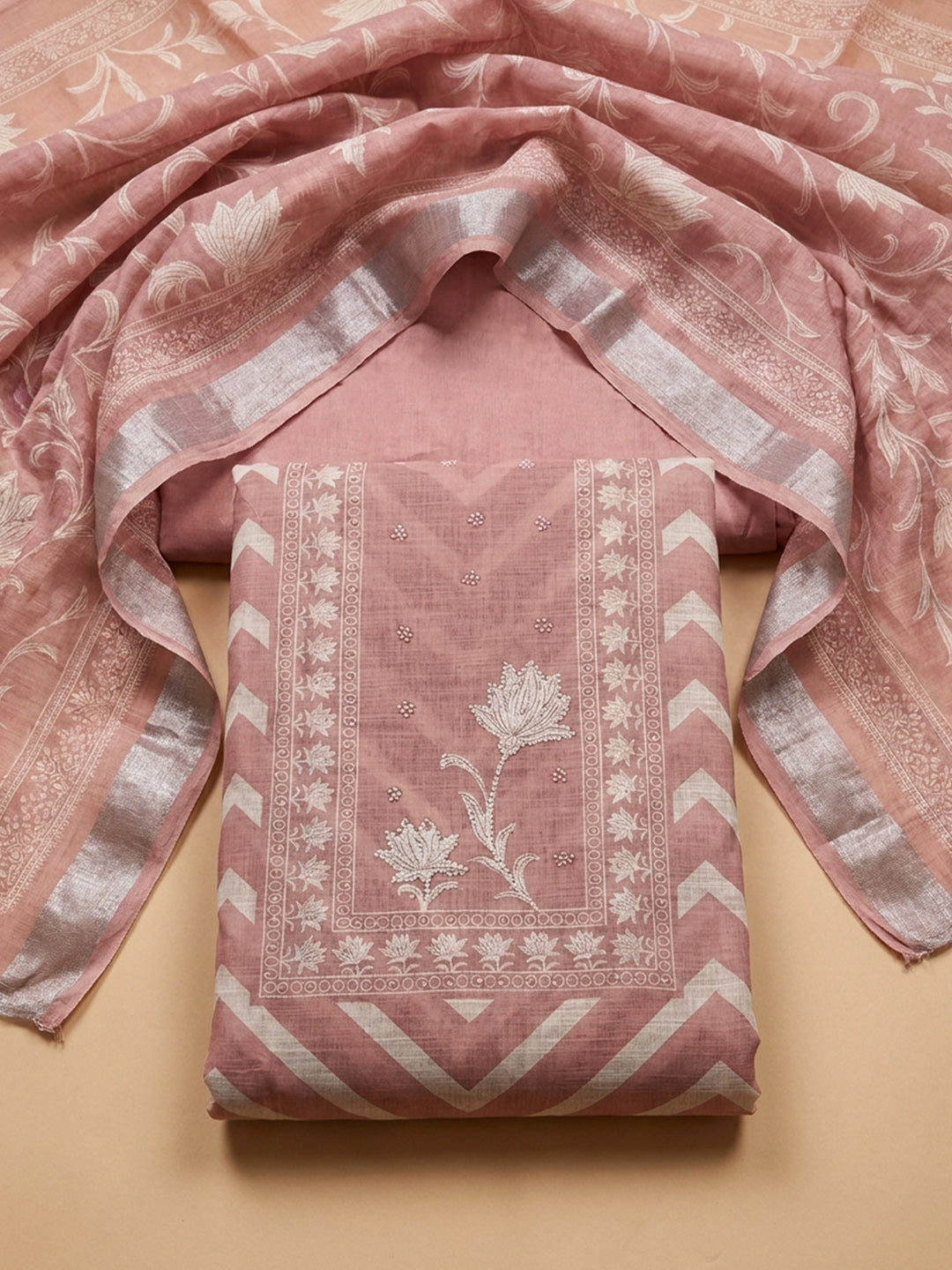 Onion Pink Printed Linen Blend Unstitched Dress Material