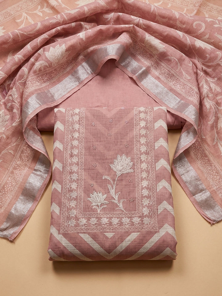 Onion Pink Printed Linen Blend Unstitched Dress Material