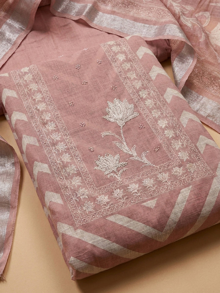 Onion Pink Printed Linen Blend Unstitched Dress Material