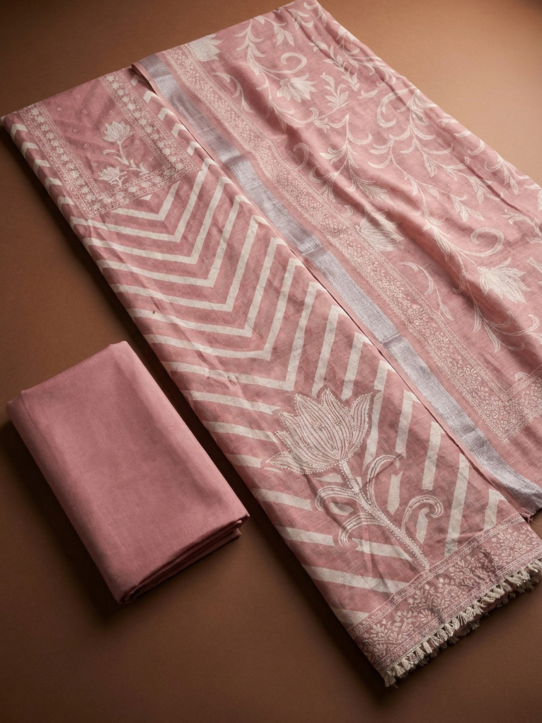 Onion Pink Printed Linen Blend Unstitched Dress Material