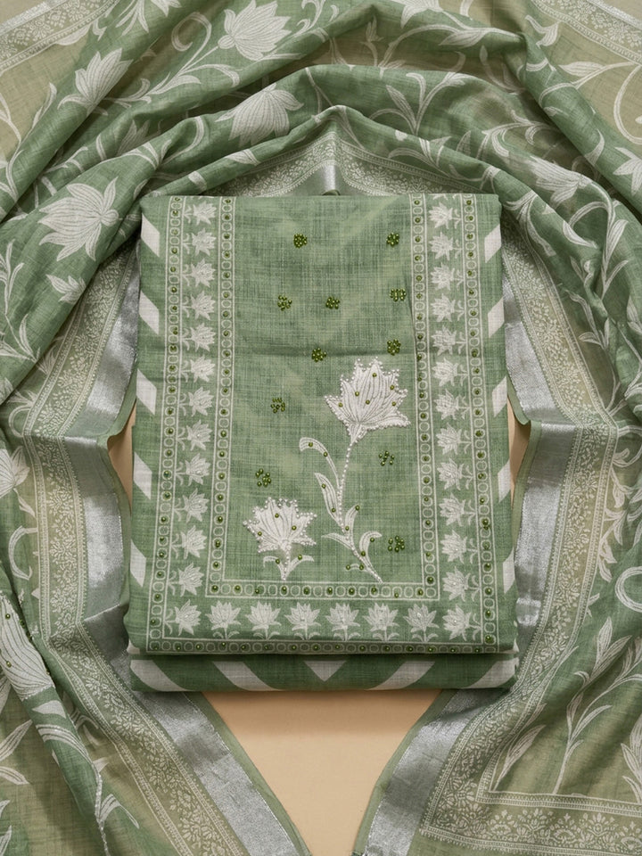 Pista Green Printed Linen Blend Unstitched Dress Material